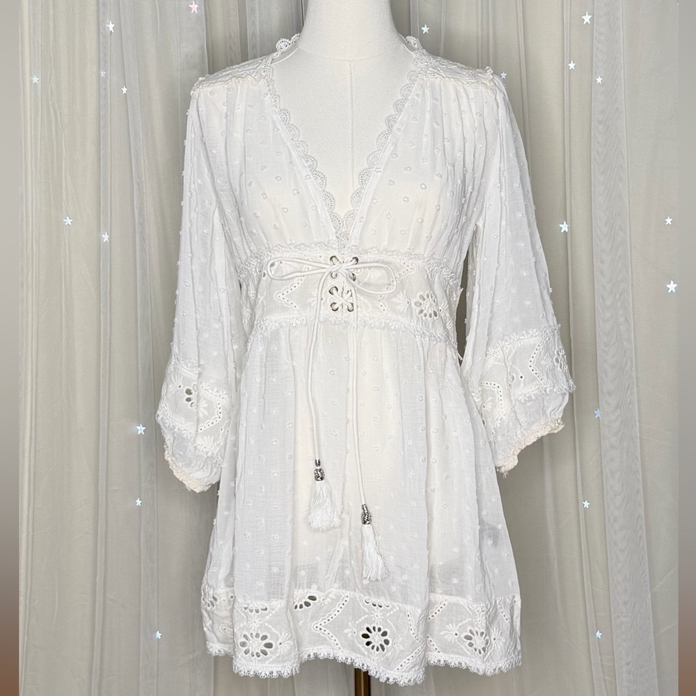 POL Sheer Balloon sleeve boho top corset embroidered crotchet Breathable